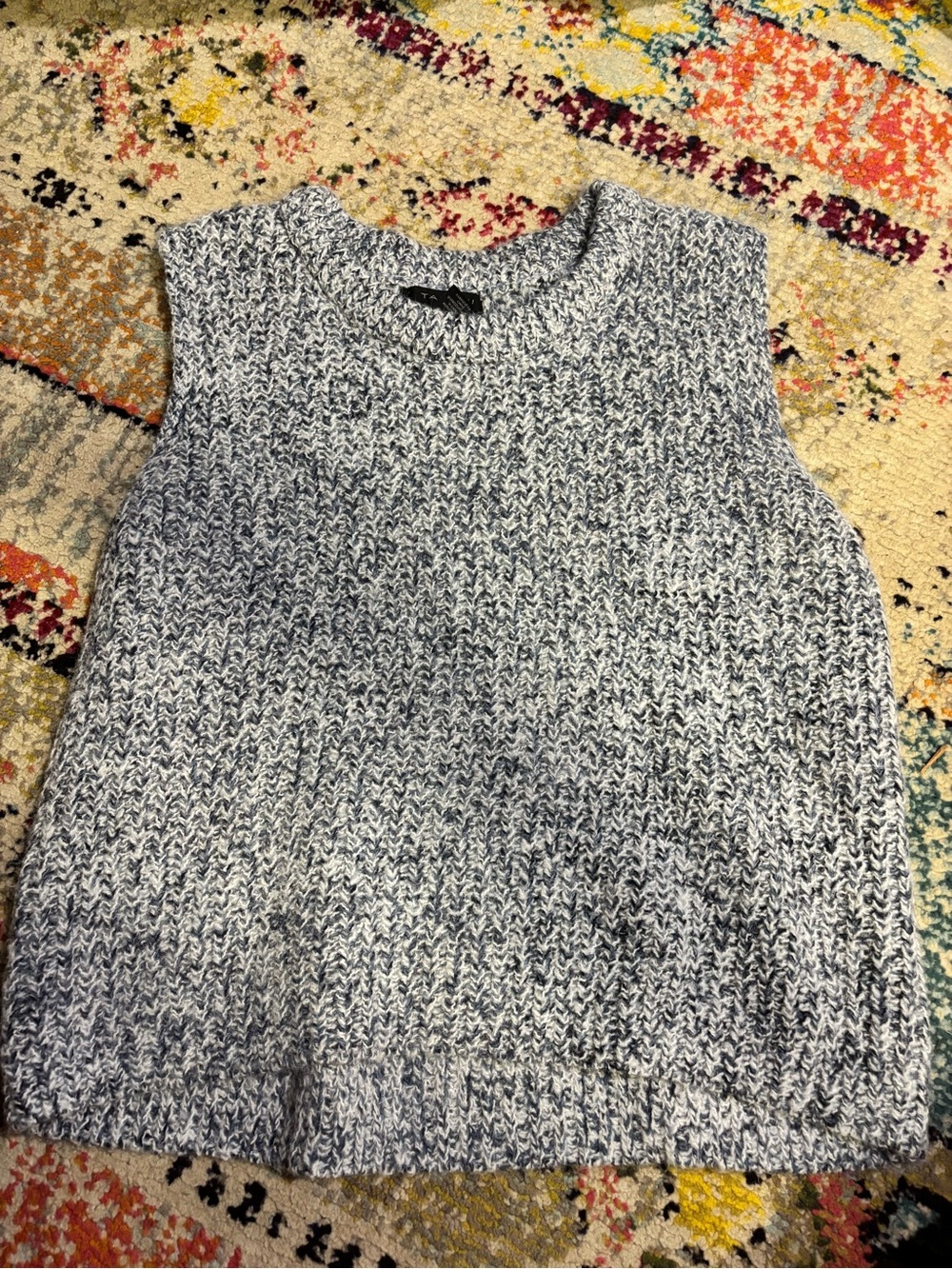 Tahari Gray and Blue Marled Knit Sleeveless Crew Sweater